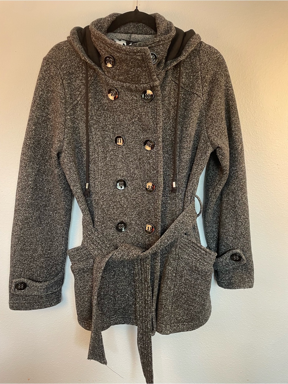 Sebby Collection Gray Tweed Hooded Double Breasted Belted Coat Medium